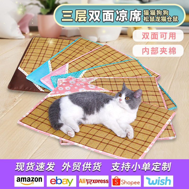 Summer Pet Cooling Mat for Cats and Dogs - Breathable Rattan and Ice Silk Double-Sided Sleeping Pad