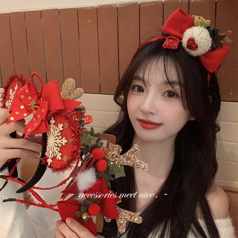 Christmas Velvet Bow Hair Clip with Antlers and Stockings
