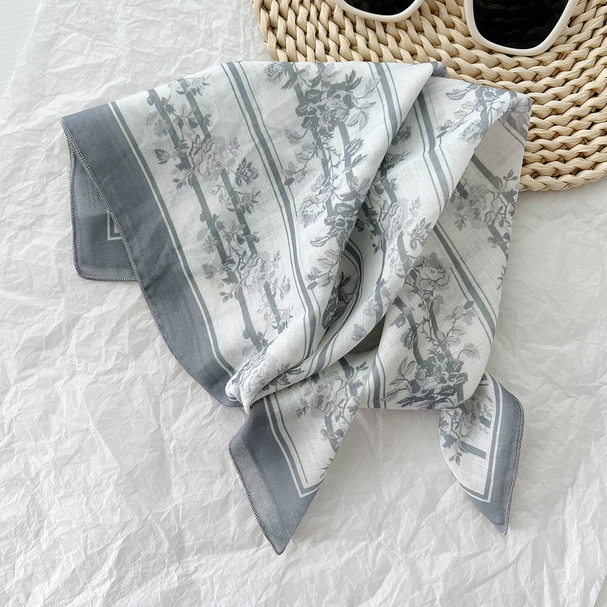 Japanese Style Floral Cotton Linen Scarf for Women, Thin Decorative Neck Scarf