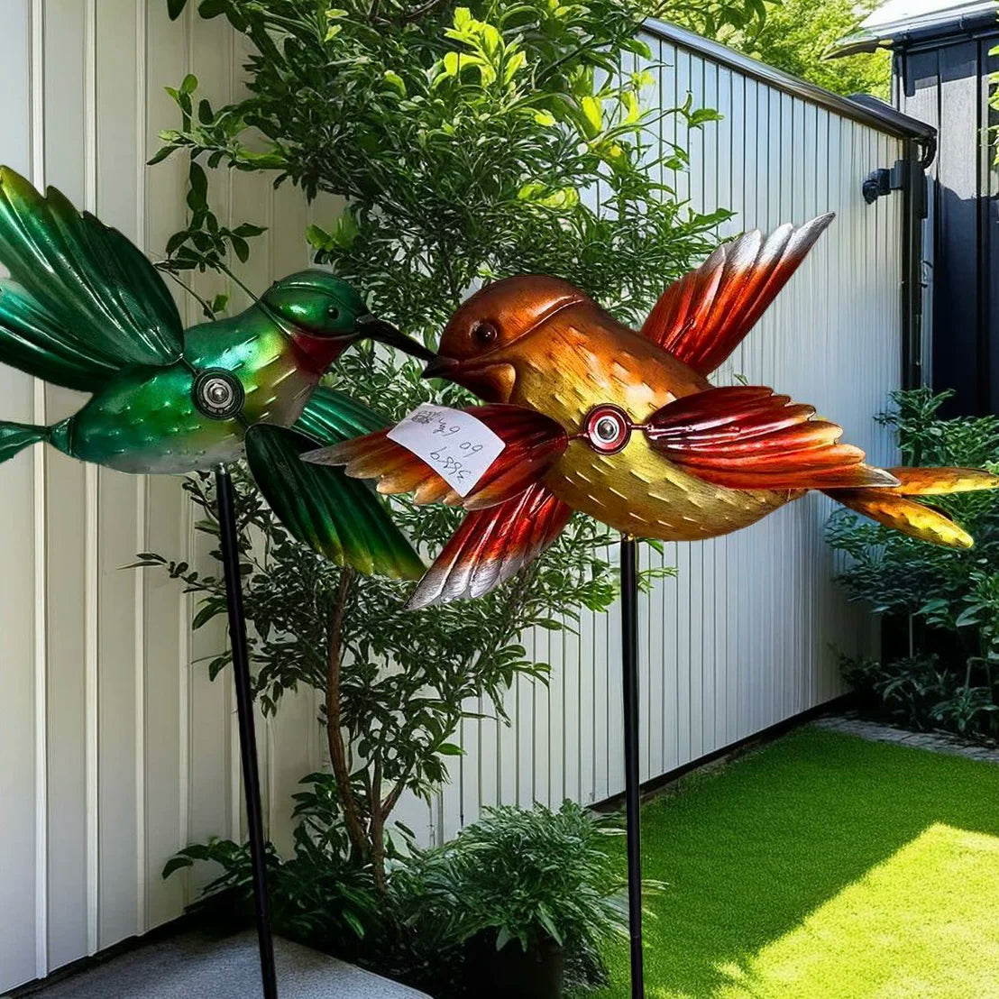 Wrought Iron Bird Wind Spinner Garden Yard Decoration Double Rotating Set of Two