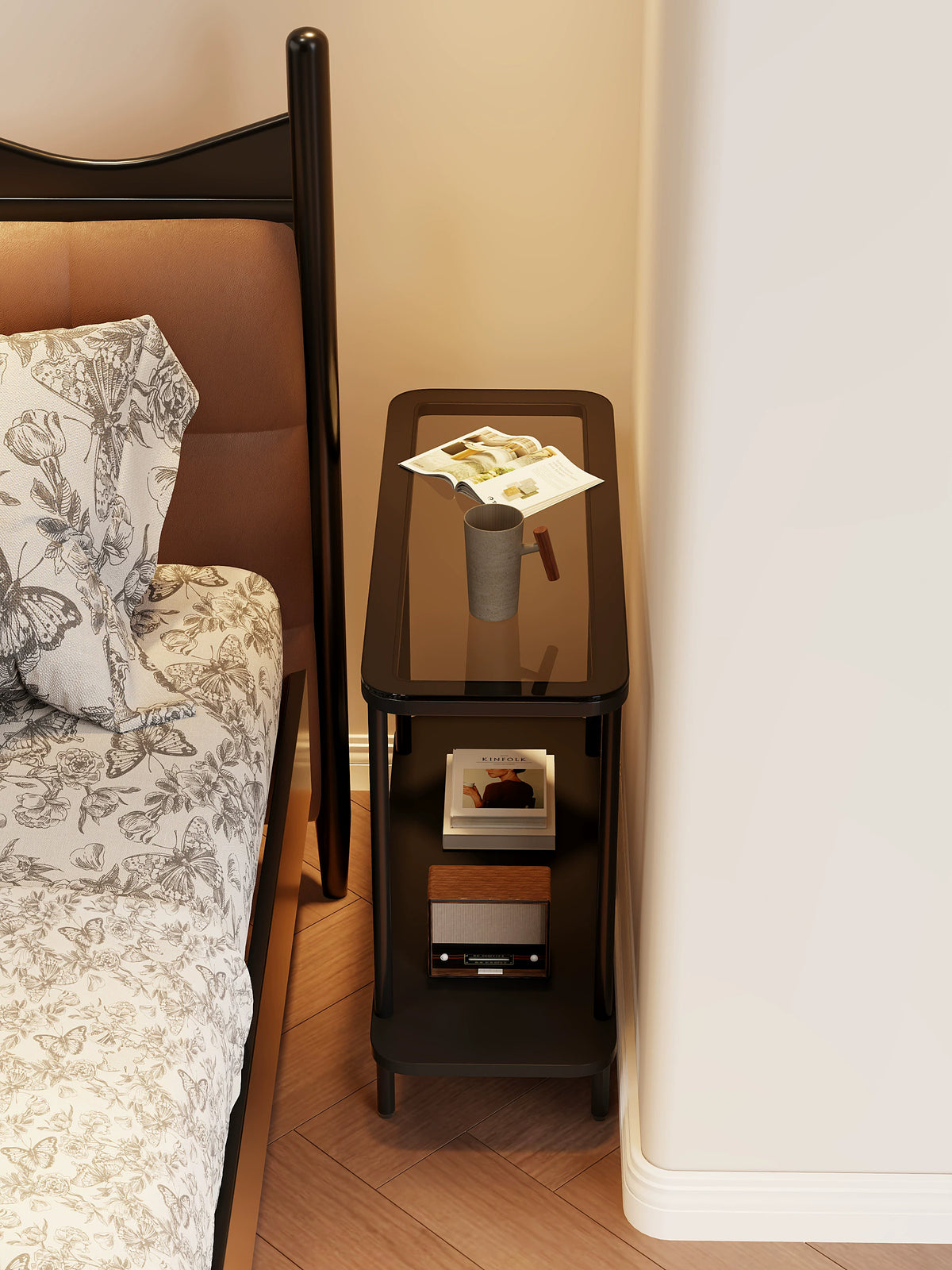 Double-Layer Narrow Bedside Table, Slim Storage Cabinet, Mini Side Table, Storage Rack