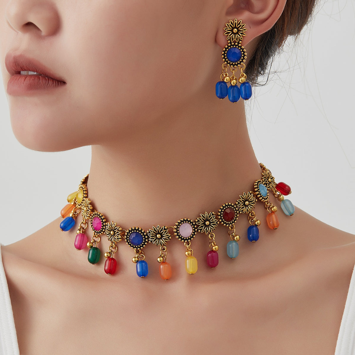 Bohemian Floral Tassel Necklace & Earrings Set with Rhinestones