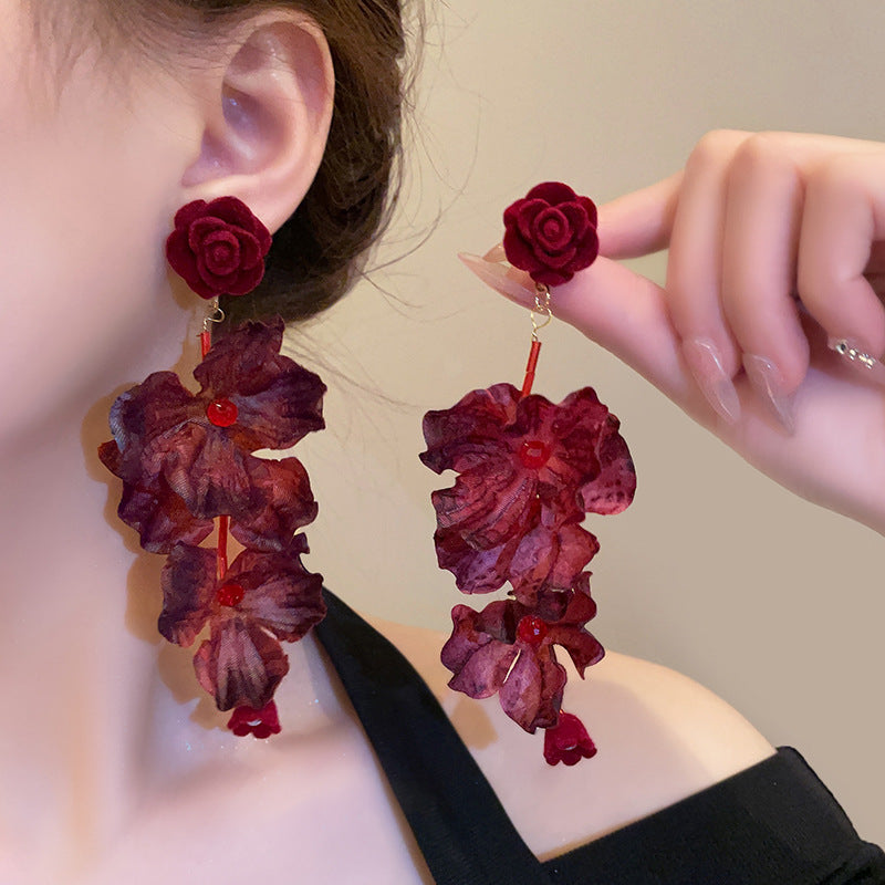 Red Rose Long Dangle Earrings Vintage Exaggerated Vacation Style Beach Statement Earrings for Women
