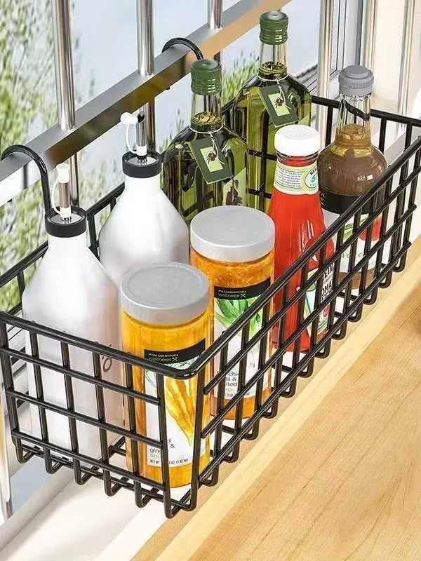 Hanging Storage Basket for Kitchen Balcony Railing, Wall-Mounted Spice Rack, Window Sill Organizer Shelf