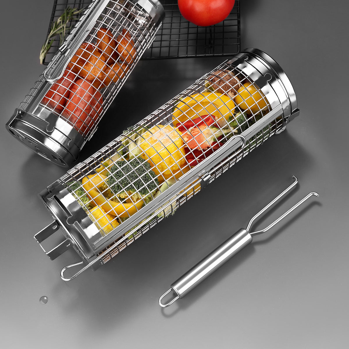 Rolling Grill Basket Stainless Steel Portable BBQ Roaster for Outdoor Grilling