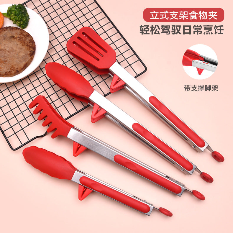 4-Piece Set FDA Food Grade Silicone Food Tongs with Stainless Steel Handles for Bread, BBQ, and Pasta