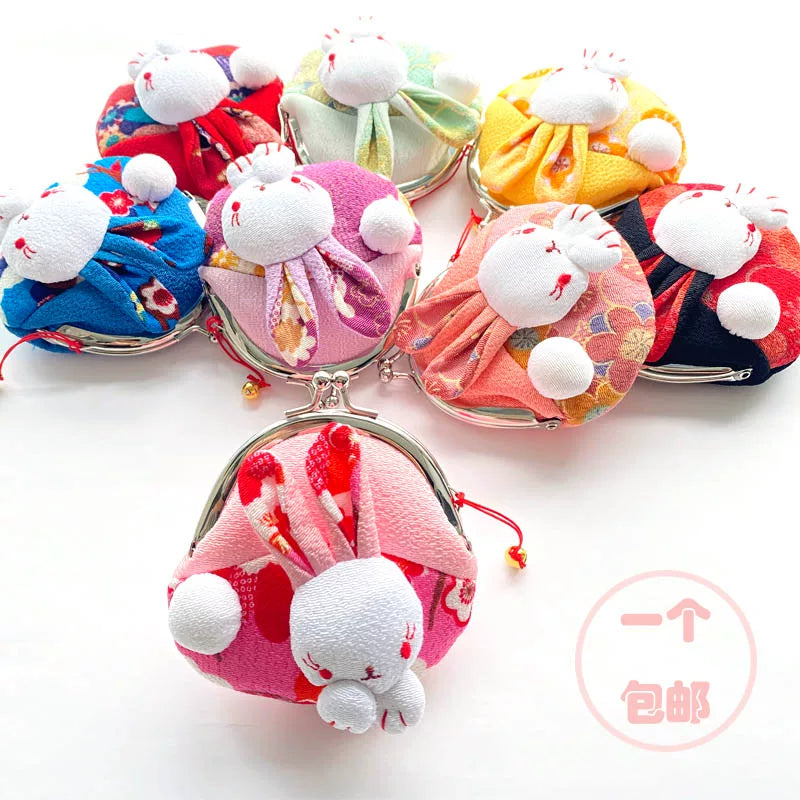 Cute Rabbit Fabric Coin Purse for Kids, Japanese Style Lucky Cat Design, Year of the Rabbit Cartoon Earphone Bag
