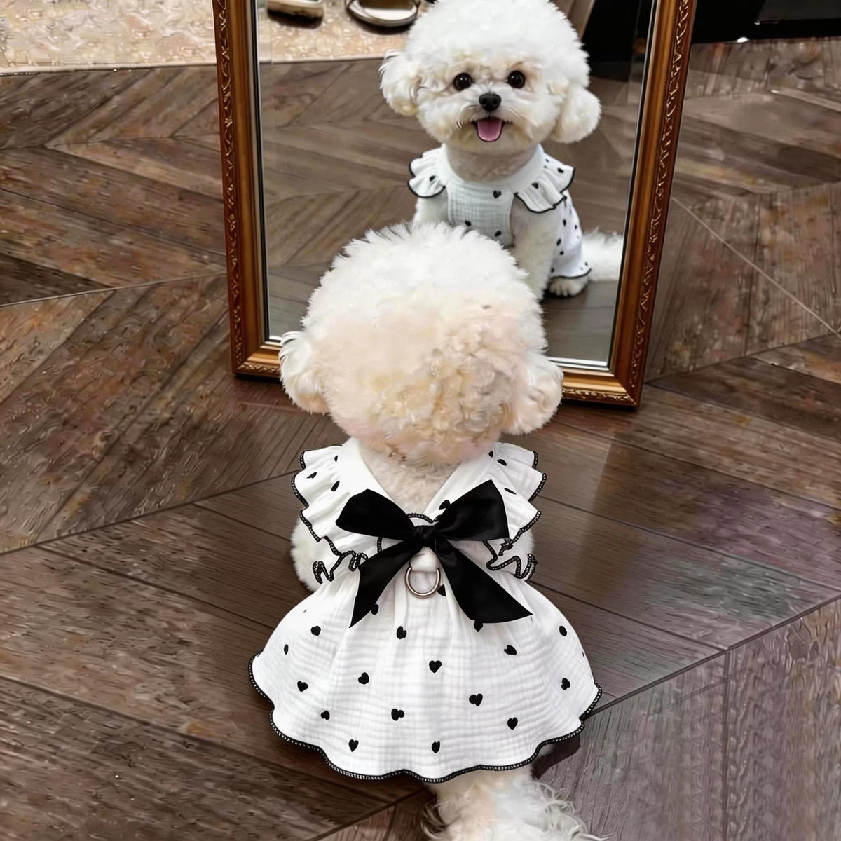 Pet Summer Dress with Leash Ring, Breathable Heart Bow Princess Skirt for Small Dogs & Puppies