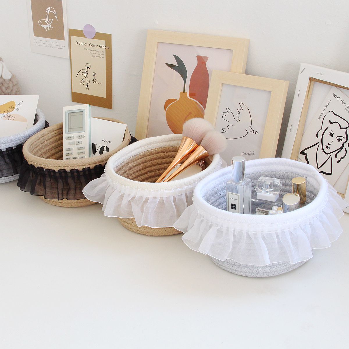 Hand-Woven Cotton Rope Storage Basket for Desktop Organization, Cosmetics, and Home Decor