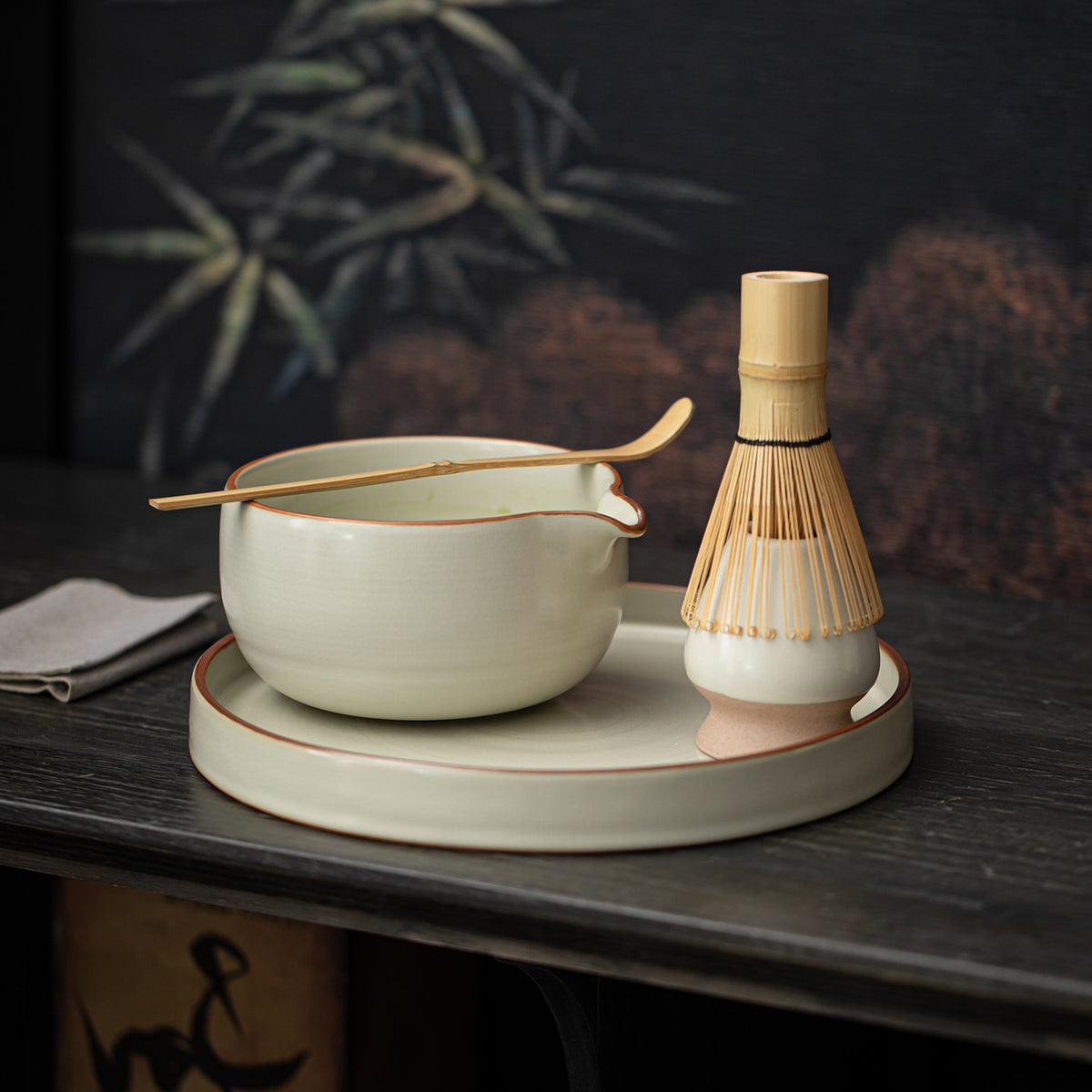 Japanese Ceramic Matcha Bowl Whisk Set with Whisk Holder for Traditional Tea Ceremony