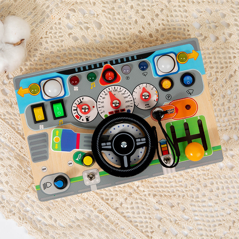 Montessori Steering Wheel Busy Board with LED Lights for Toddlers, Educational Wooden Toy