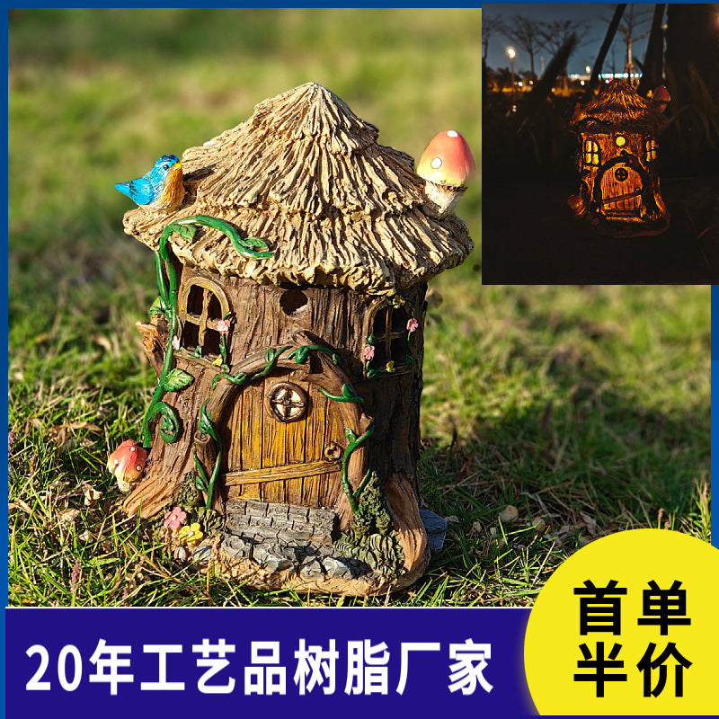 Solar Powered Resin Outdoor Garden House Ornament Landscape Night Light