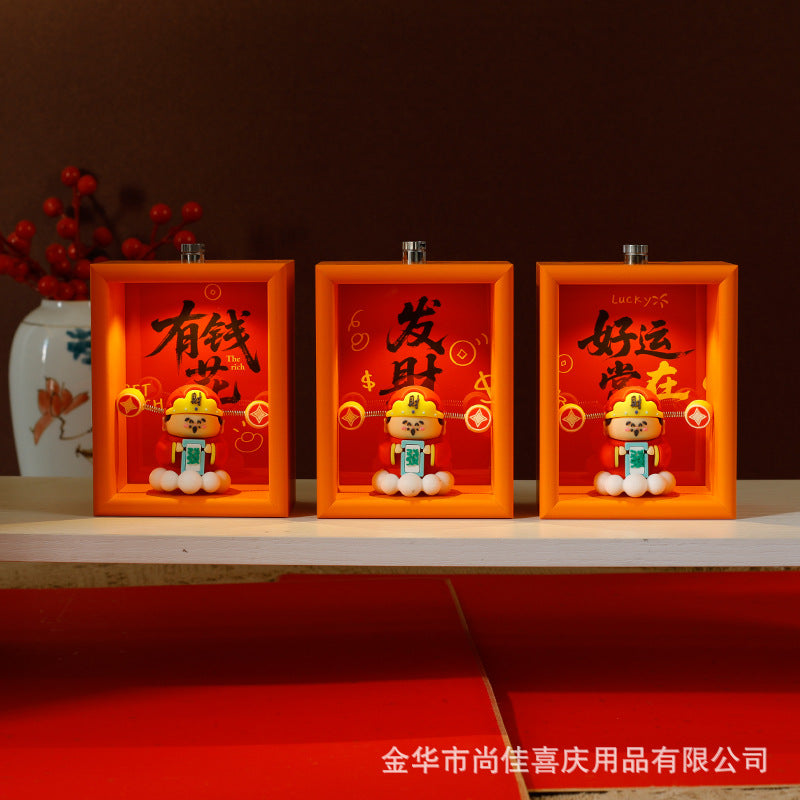 LED Lighted Desktop Photo Frame with Figurine, Hollow Carved Chinese Style Bedroom Decor, 7.5x10cm