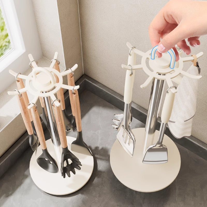 Kitchen Countertop Utensil Holder Rotating Hooks Pot Pan Spoon Spatula Rack Soup Ladle Kitchenware Storage Organizer