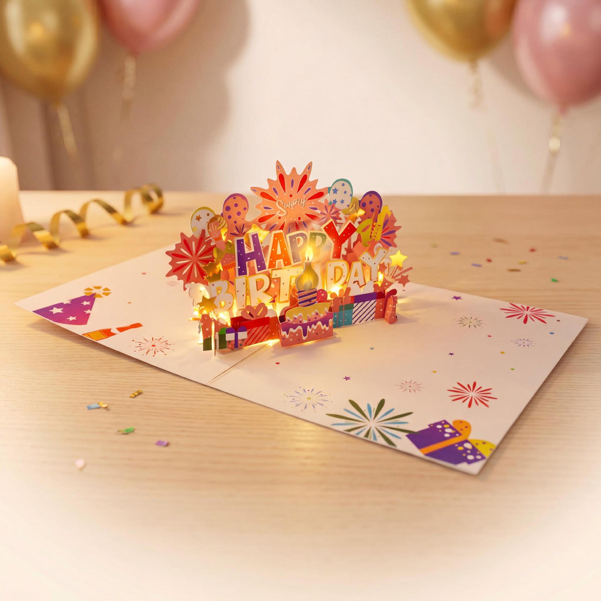 3D Pop-Up Musical Birthday Card with Lights, DIY Handmade Paper Sculpture Greeting Card