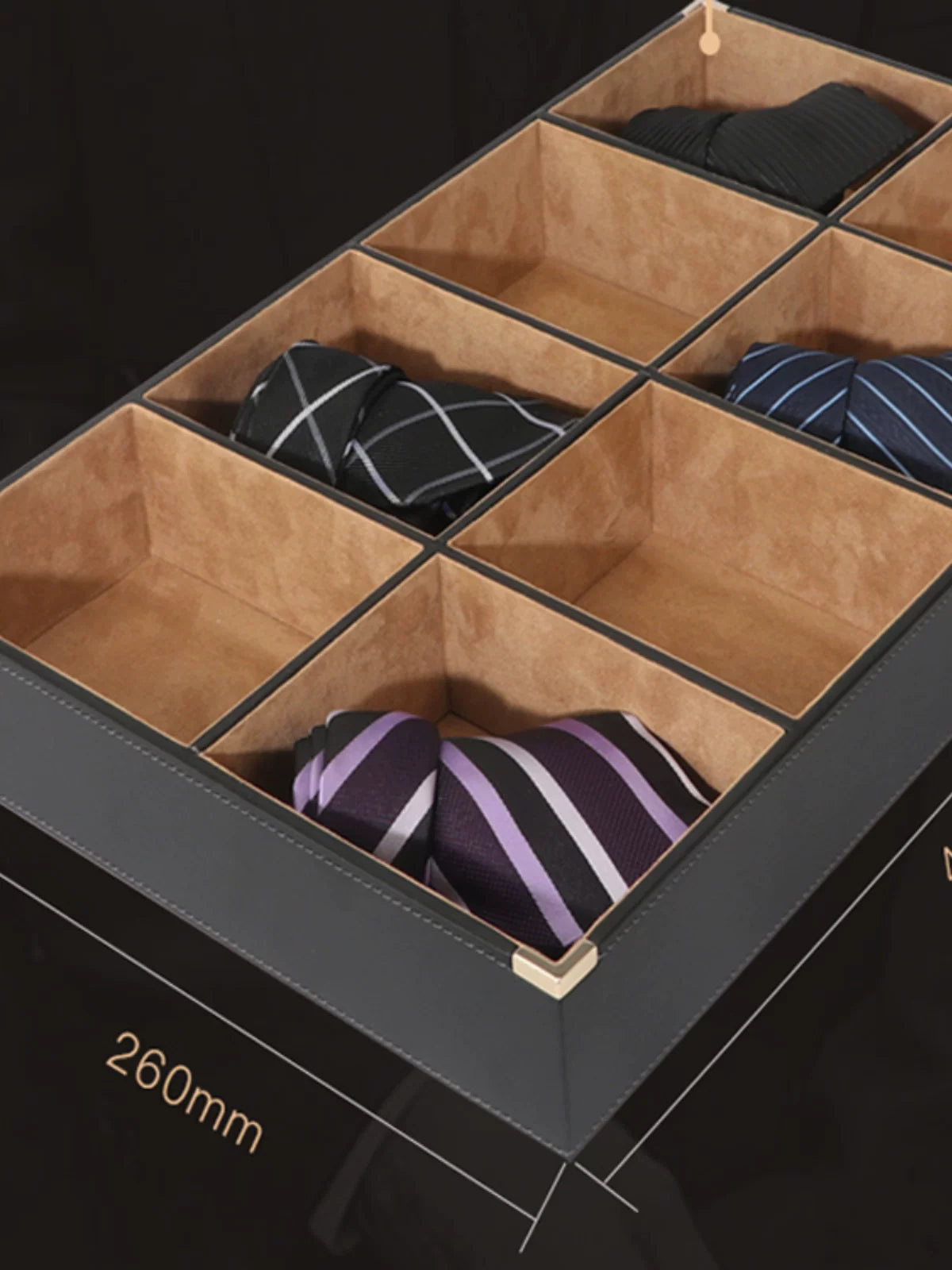 Luxury PU Leather Tie and Belt Organizer Box with Velvet Lining for Home Drawer Storage