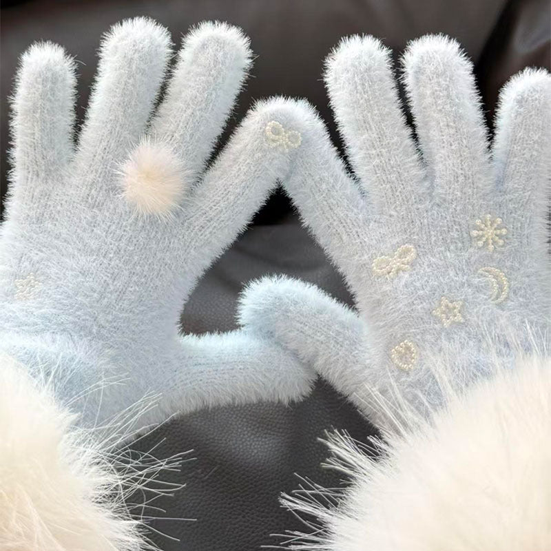 Women's Plush Faux Mink Five-Finger Touchscreen Gloves for Winter