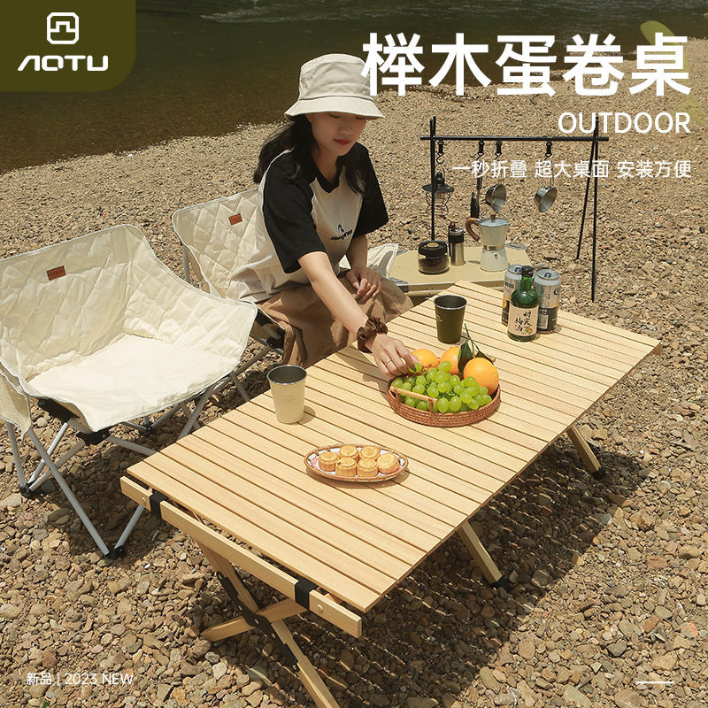 1.2M Outdoor Beechwood Roll-Up Folding Camping Table with Optional Chairs and Tarp