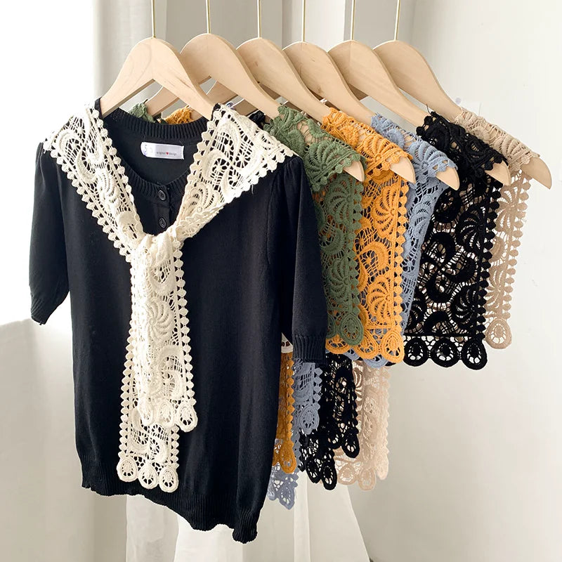 Summer Thin Lace Knit Hollow Shawl with Fake Collar for Dresses Sun Protection