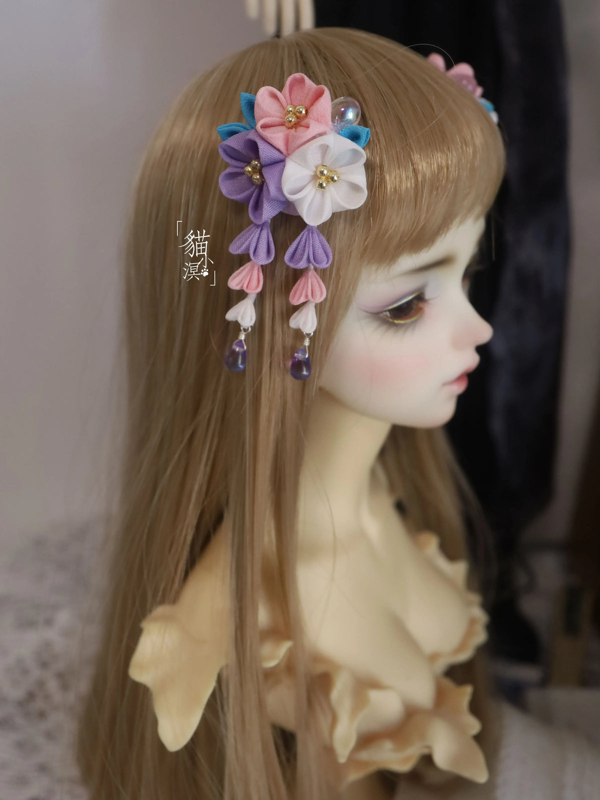 Handmade Tsumami Kanzashi Hairpin for BJD/OB11/GSC Dolls - Pink, Purple & White Floral Kimono Hair Accessory
