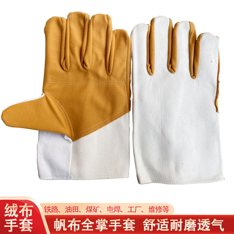Heavy-Duty Canvas Work Gloves with Leather Palm, Triple-Layer Thickened for Welding and Industrial Protection
