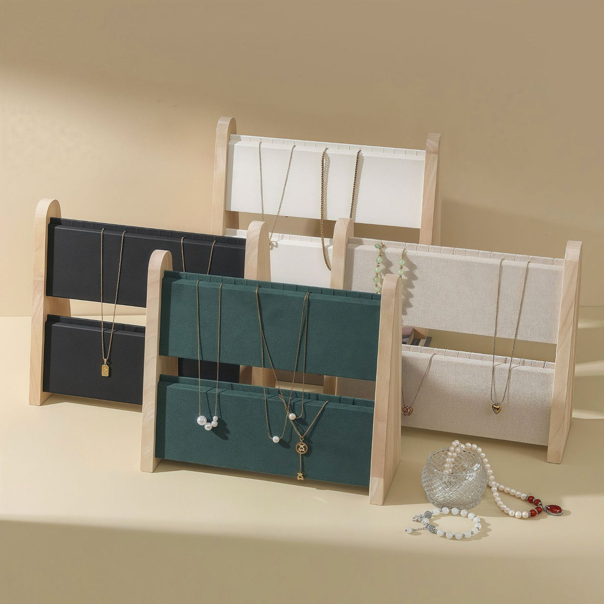 Premium Solid Wood Double-Layer Necklace Display Stand for Pendants and Jewelry