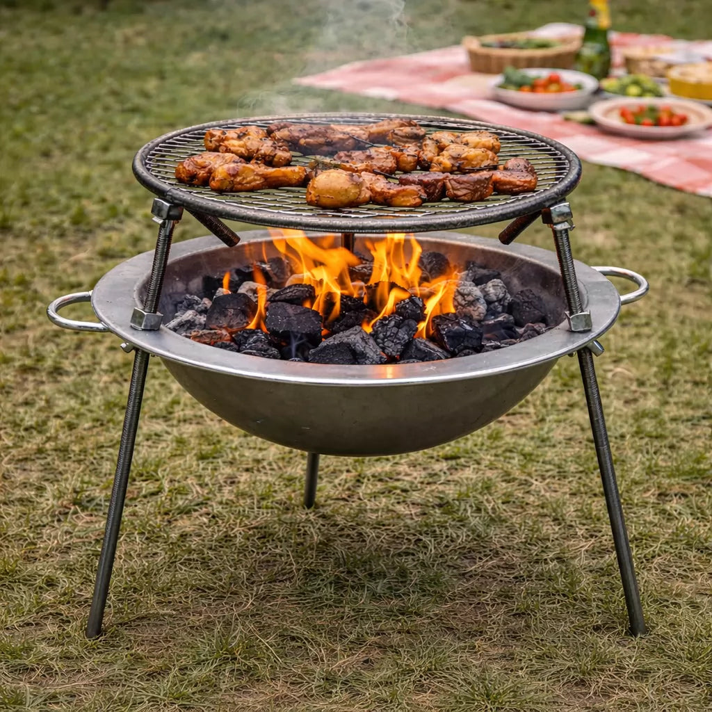 Portable Outdoor Tripod Grill and Fire Pit for Picnics and Camping, Charcoal Brazier with Handle