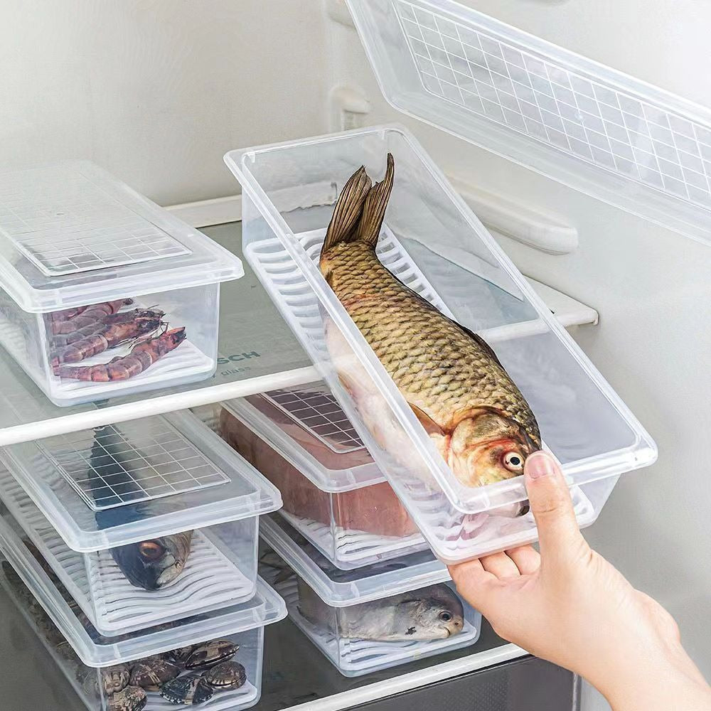 Japanese-Style Refrigerator Food Storage Container with Drain Tray and Lid for Meat and Produce