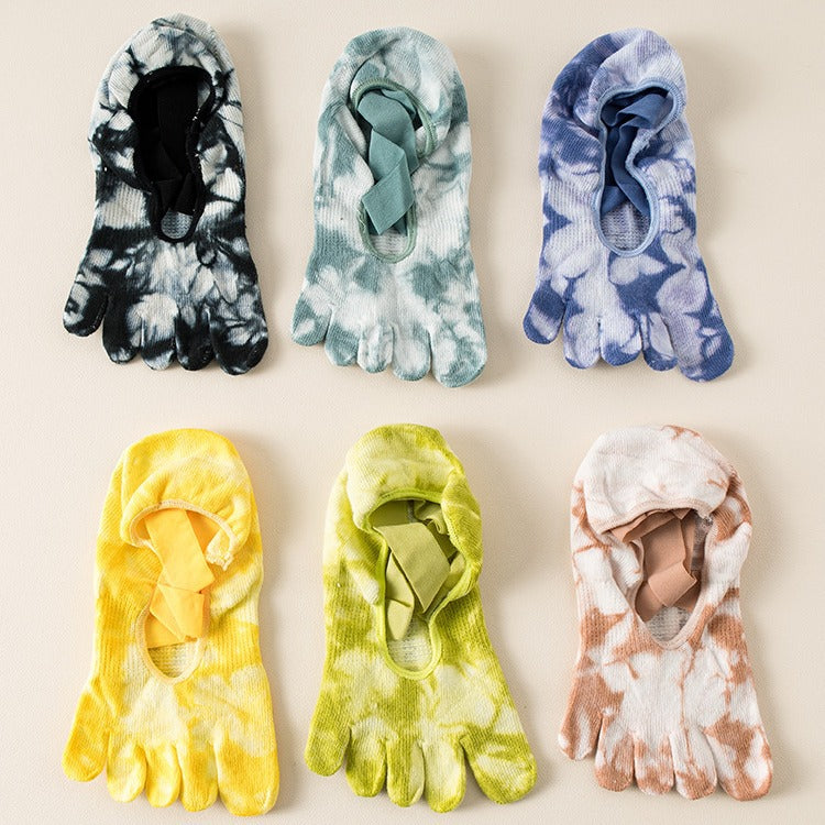 Tie-Dye Five-Toe Yoga Socks for Women, Non-Slip Pilates & Fitness Ankle Socks