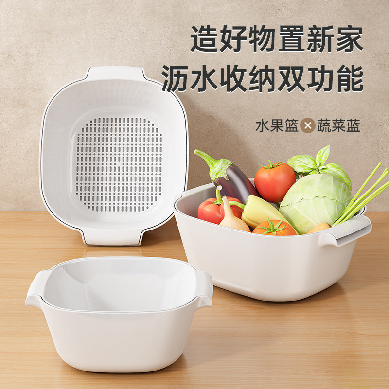 Xingyou Thickened Double-Layer Drain Basket for Kitchen Rice Washing, Fruit, Vegetable Washing, and Filtering