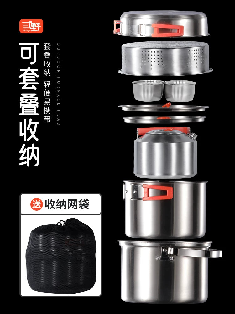 Outdoor Camping Cookware Set with Hanging Pot, Cooking Pot, and Kettle for Backpacking and Picnics
