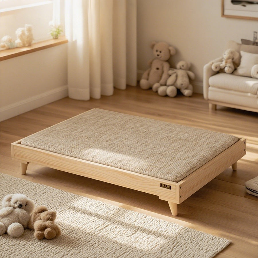Elevated Wooden Pet Bed for Cats and Dogs, Detachable Washable Mattress, All Seasons