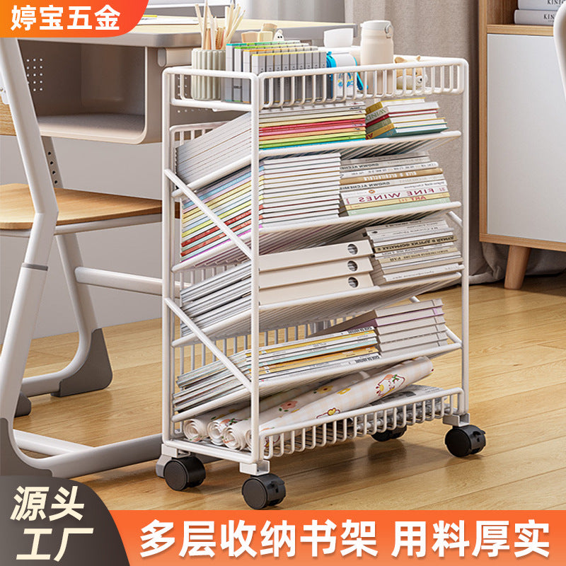 Rolling 3/4-Tier Metal Book Cart with Storage Shelves for Students and Office