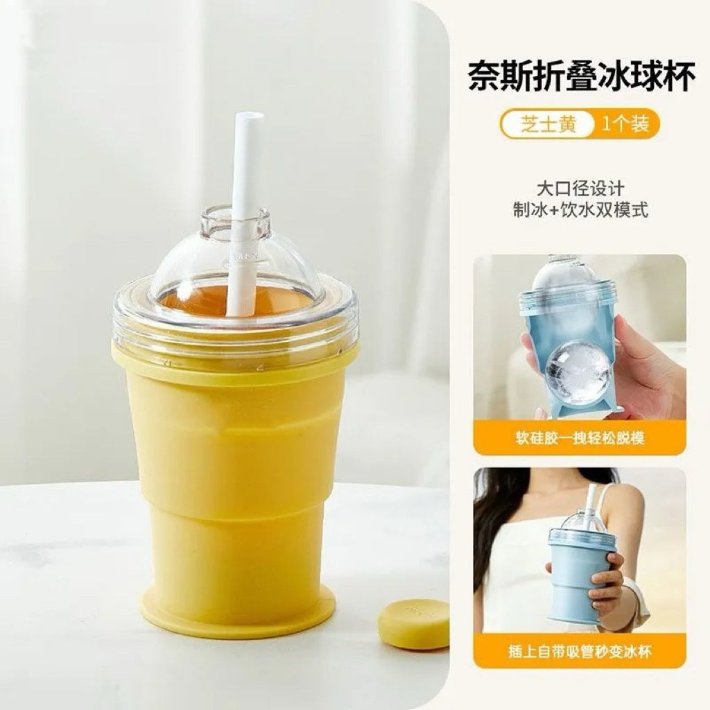 Portable Collapsible Ice Ball Maker Water Bottle with Straw, Food-Grade Silicone