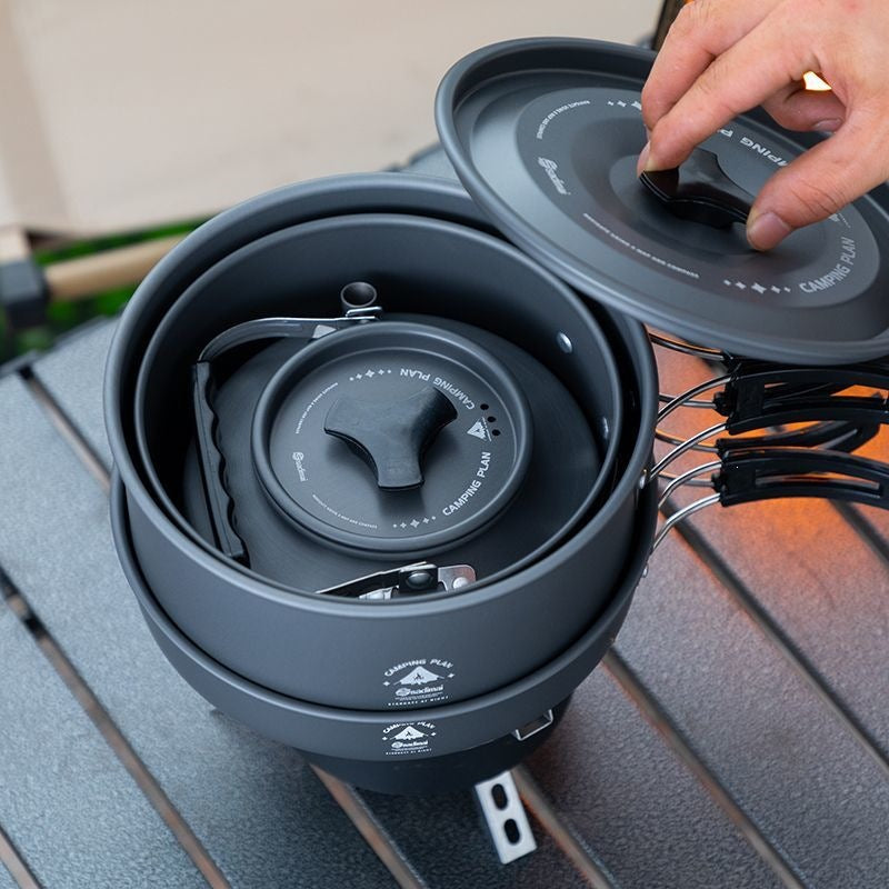 Portable Outdoor Camping Cookware Set with Kettle and Folding Frying Pan