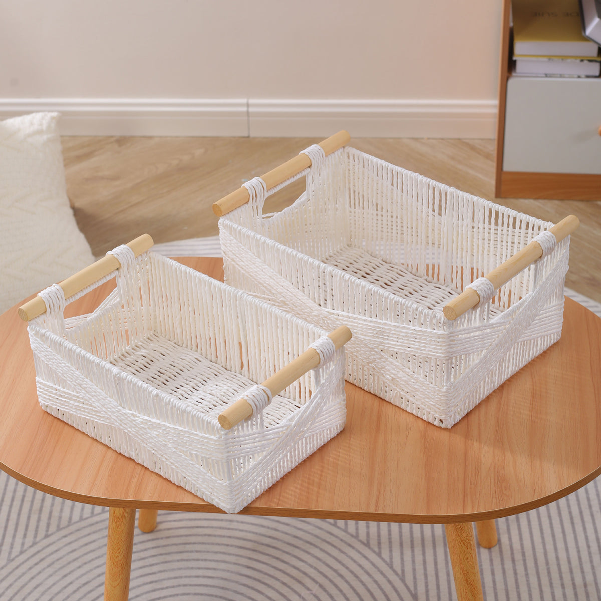Japanese Style Paper Rope Storage Basket with Handles for Snacks, Books, and Sundries, Desktop Organizer