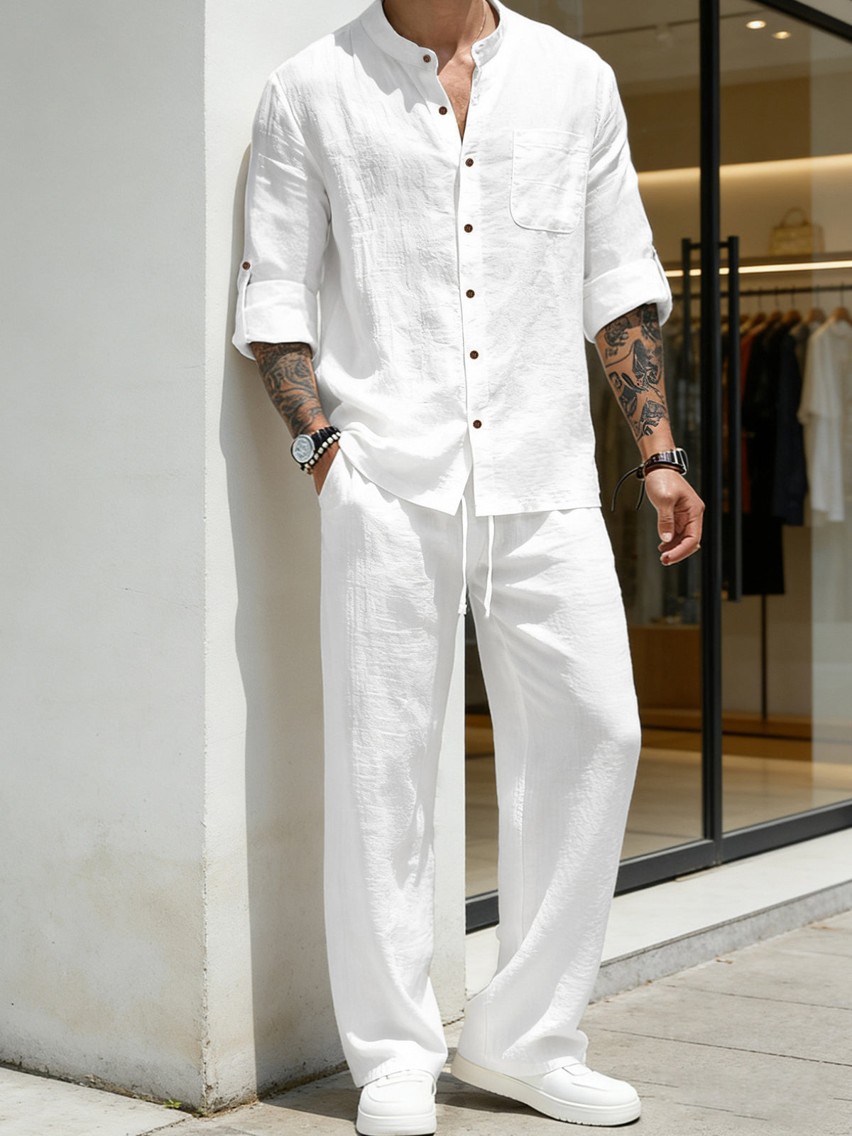 Men's Vintage Stand Collar Linen Long Sleeve Shirt & Pants Set