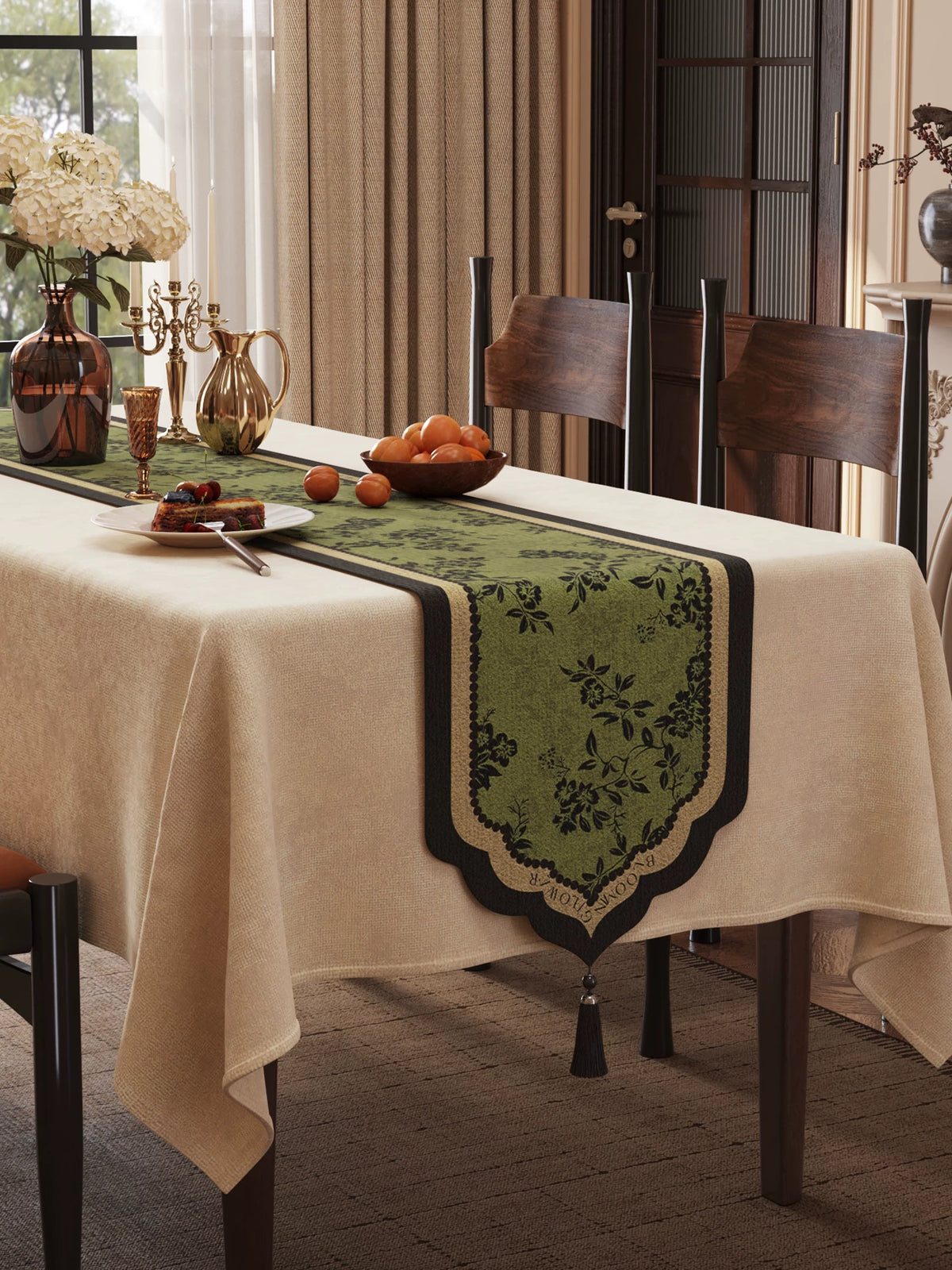 American Retro Chenille Table Runner with Tassels for Dining Table, TV Cabinet, Sideboard Decor