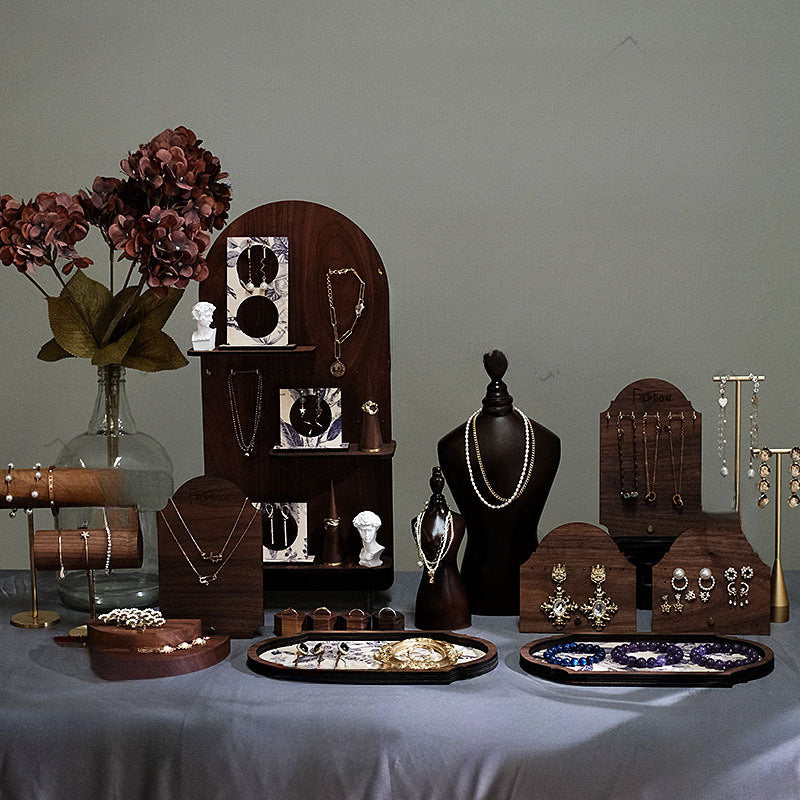 Vintage Walnut Wood Jewelry Display Stand Set for Earrings, Necklaces, Bracelets, and Rings