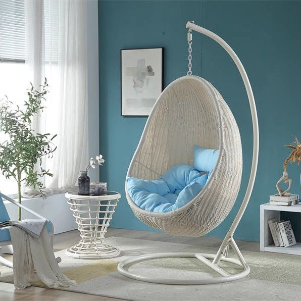 Outdoor Woven Rattan Swing Chair with Stand, Egg-Shaped Hanging Basket Chair for Patio Balcony Garden