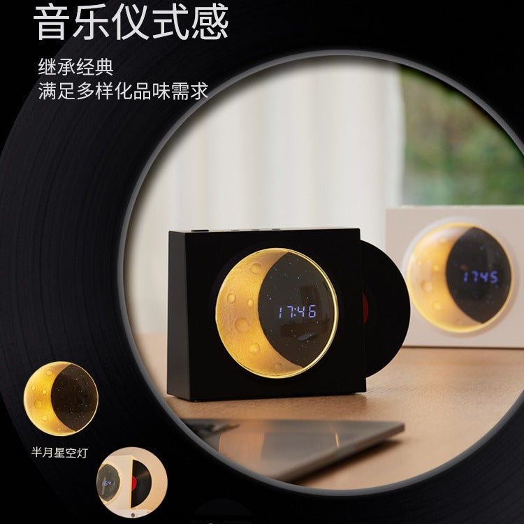 Retro Vinyl Bluetooth Speaker with Moon Clock, Starry Sky Ambient Light, USB, and TF Card Support for Outdoor Use