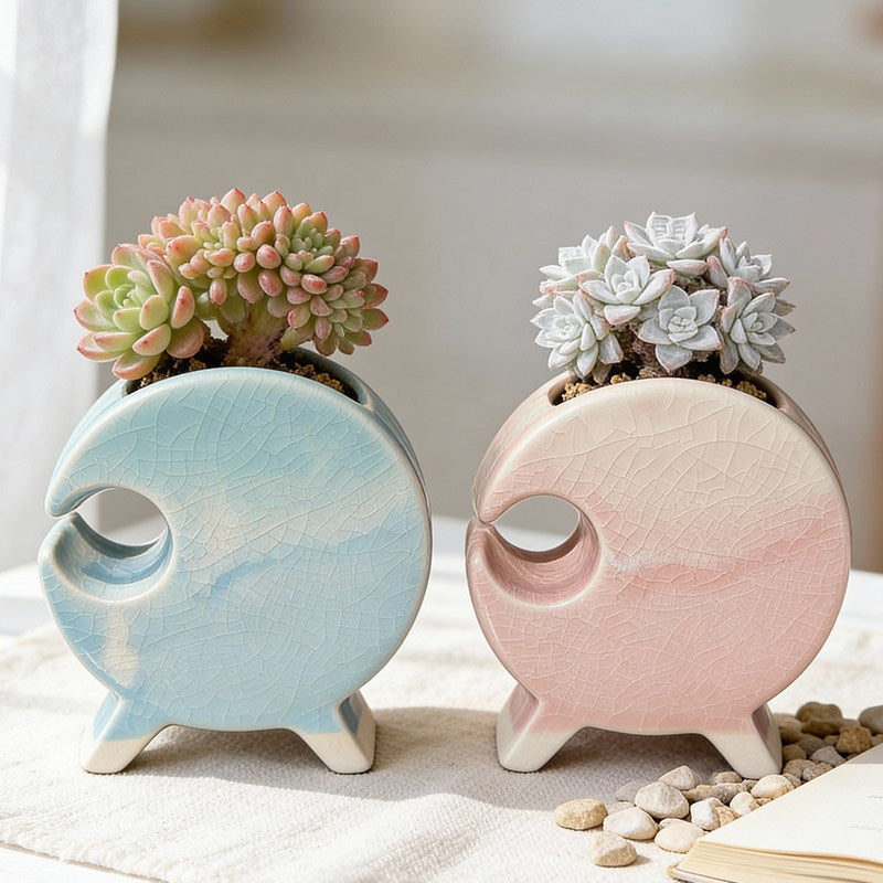 Creative Round Ceramic Succulent Planter with Ice Crack Glaze for Indoor Plants