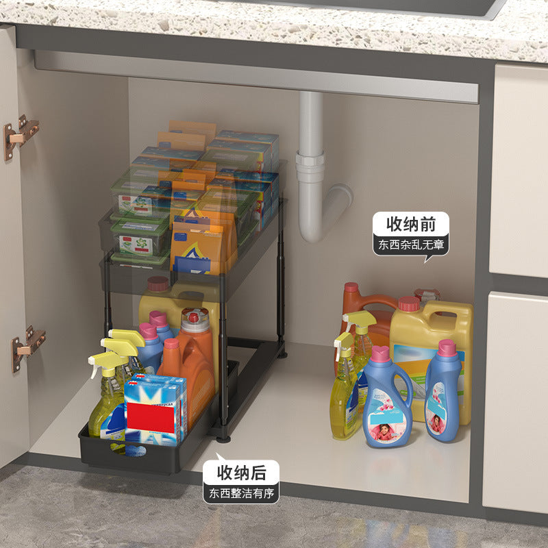 Under Sink Pull-Out Organizer for Bottles and Spices, 2-Tier Storage Rack for Kitchen and Bathroom Cabinets