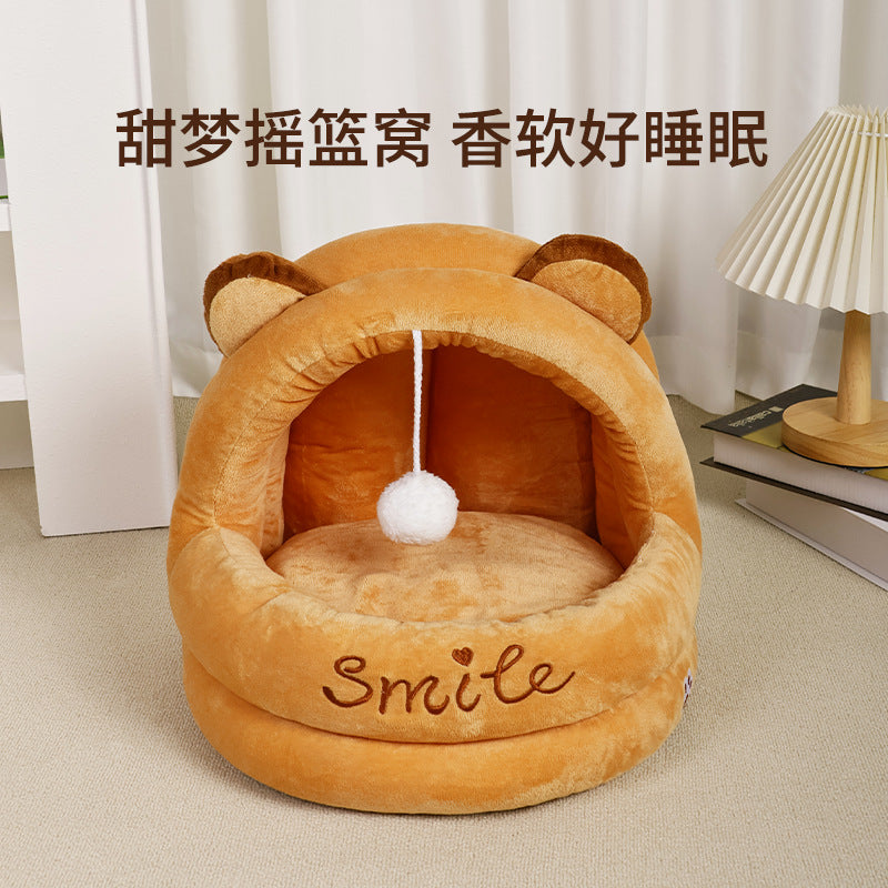 Cute Cartoon Pet Bed Semi-Enclosed Washable Cat Dog House Soft Sleeping Bag
