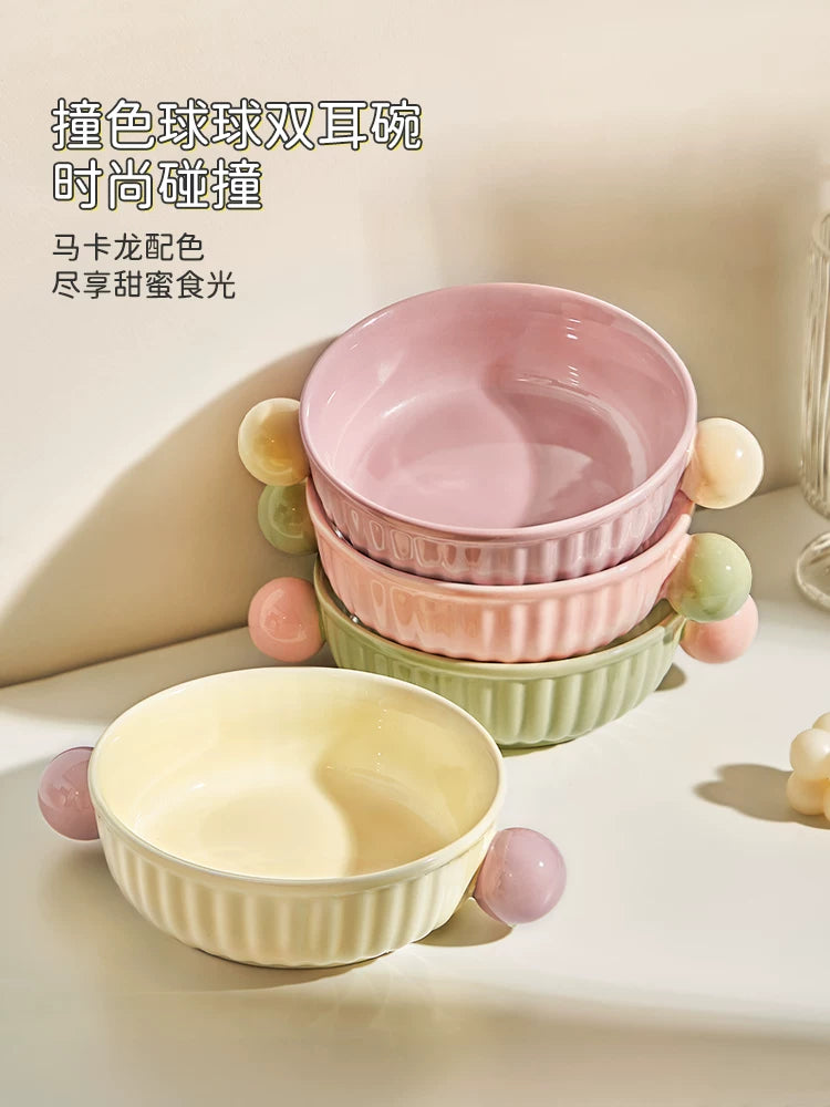 Ceramic Dual-Handle Bowl for Air Fryer, Oven, Microwave, Salad, and Steaming - 500ml High Temperature Resistant