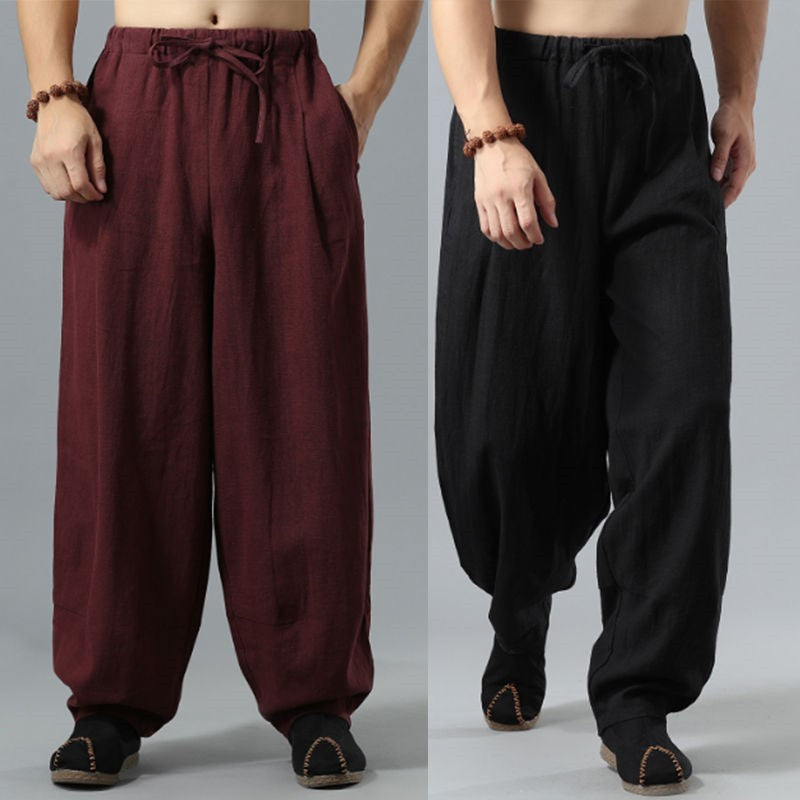 Men's Linen Blend Chinese Style Casual Wide Leg Pants