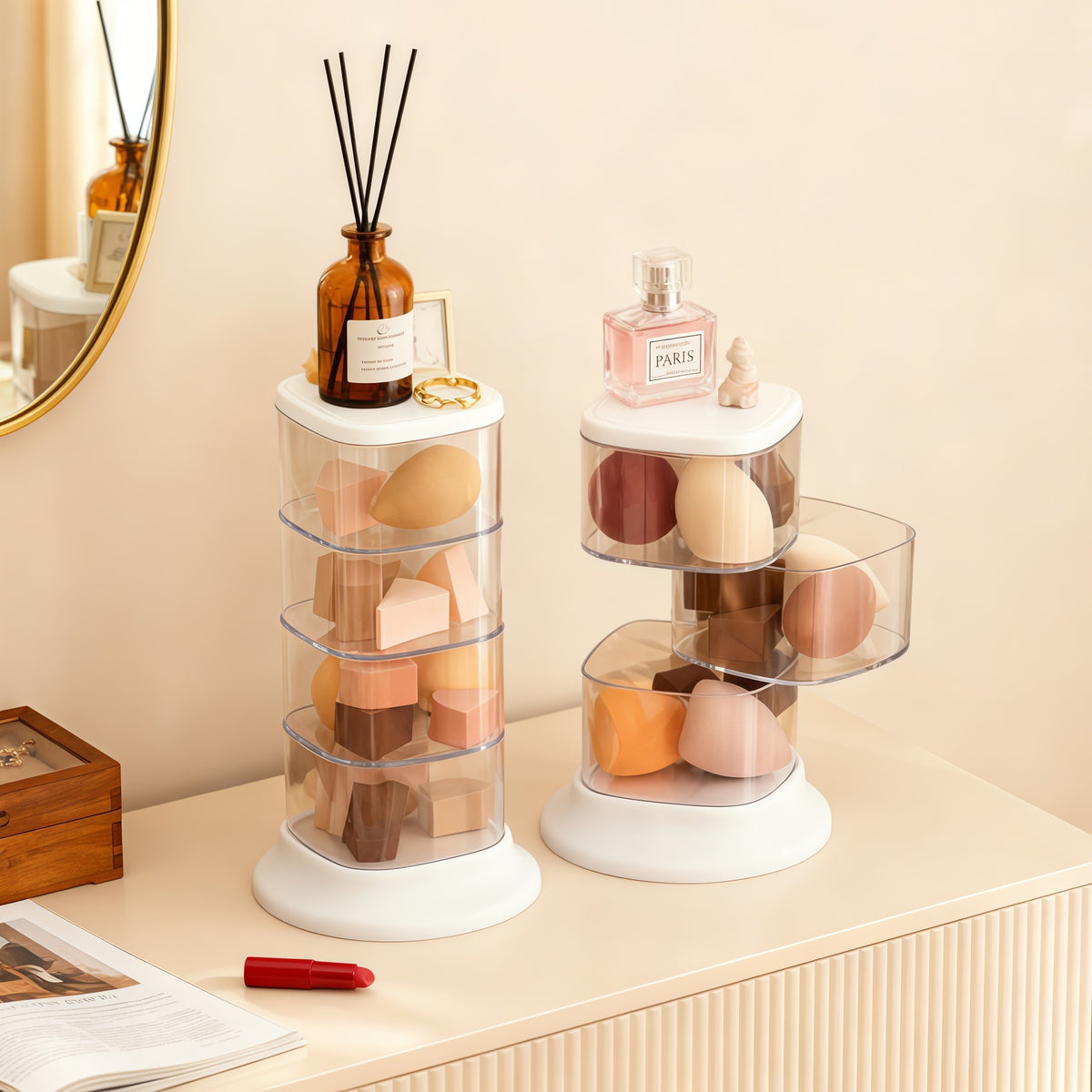 Rotating Multi-Layer Cosmetic Sponge Holder with Lid, Dustproof Beauty Blender Organizer for Desktop