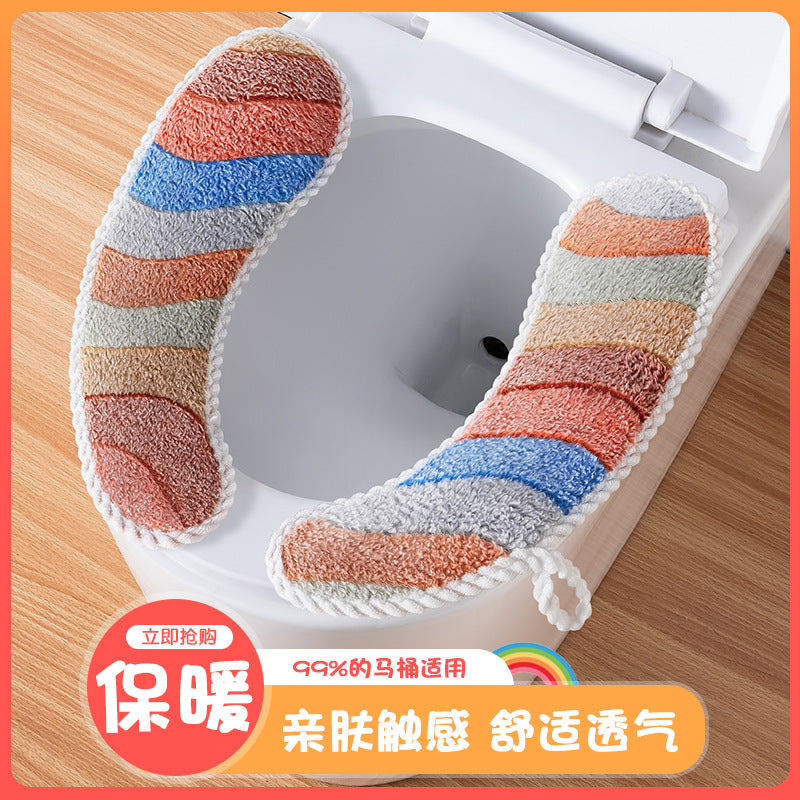 Winter Plush Thickened Waterproof Toilet Seat Cover with Handle, Adhesive Style, All-Season Universal