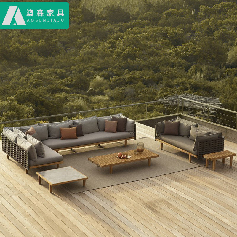 Premium Outdoor Teak Wicker Sofa Set for Patio Garden Villa, Weatherproof & Sun-Resistant