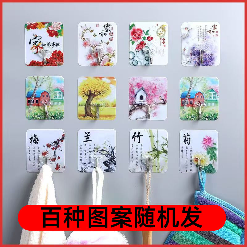 Punch-Free Cartoon Floral Adhesive Hooks for Home Kitchen Bathroom